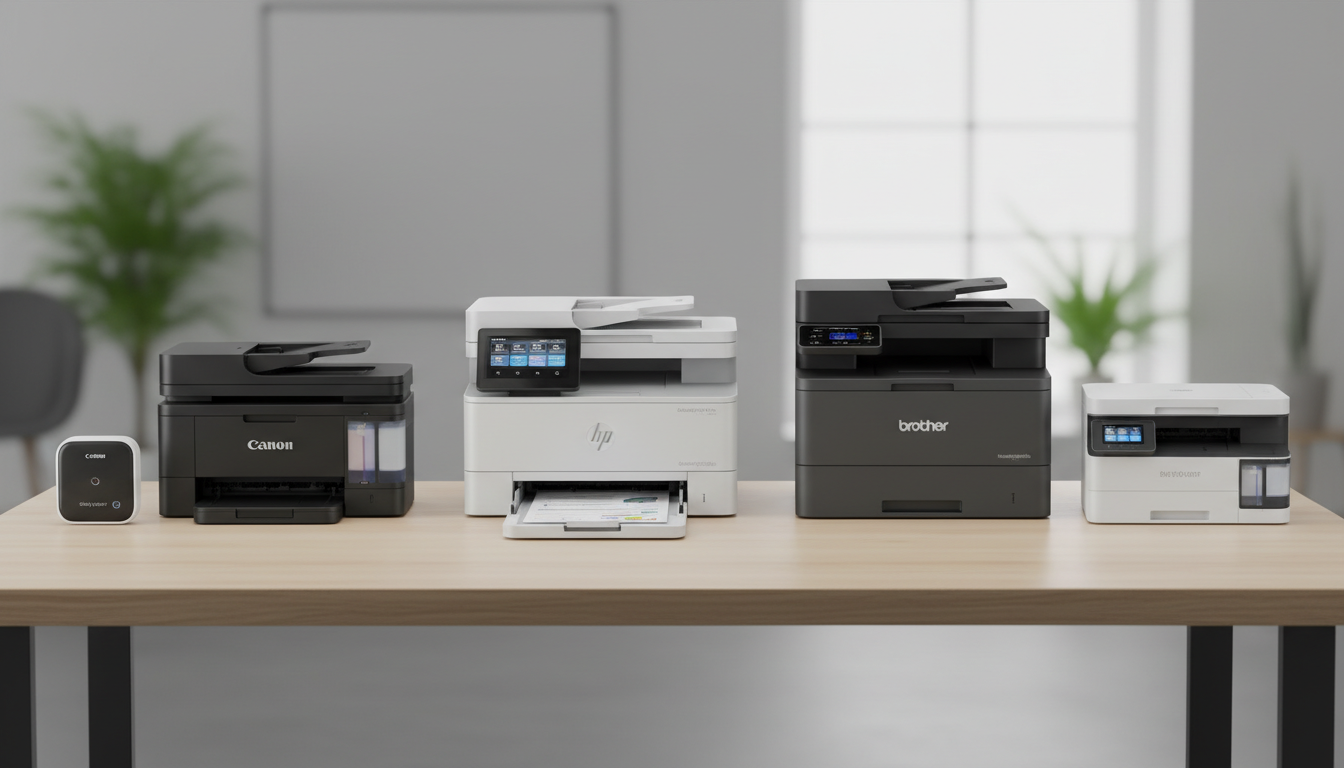 A high-quality, professional photograph of various modern 2025 printer models (Canon, HP, Brother) arranged on a clean office