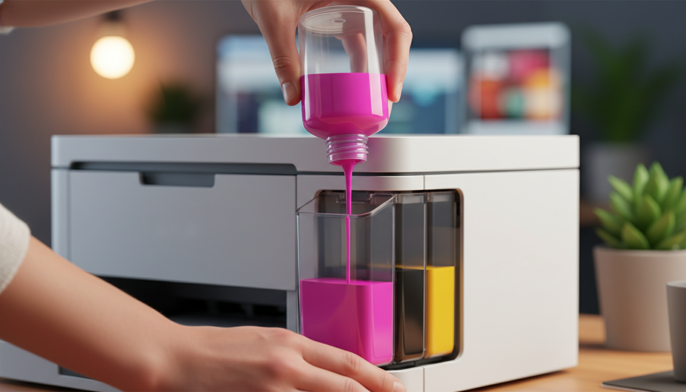 A close-up shot of a person refilling an Ink Tank printer with a colorful ink bottle. The printer is sleek and modern. Soft b