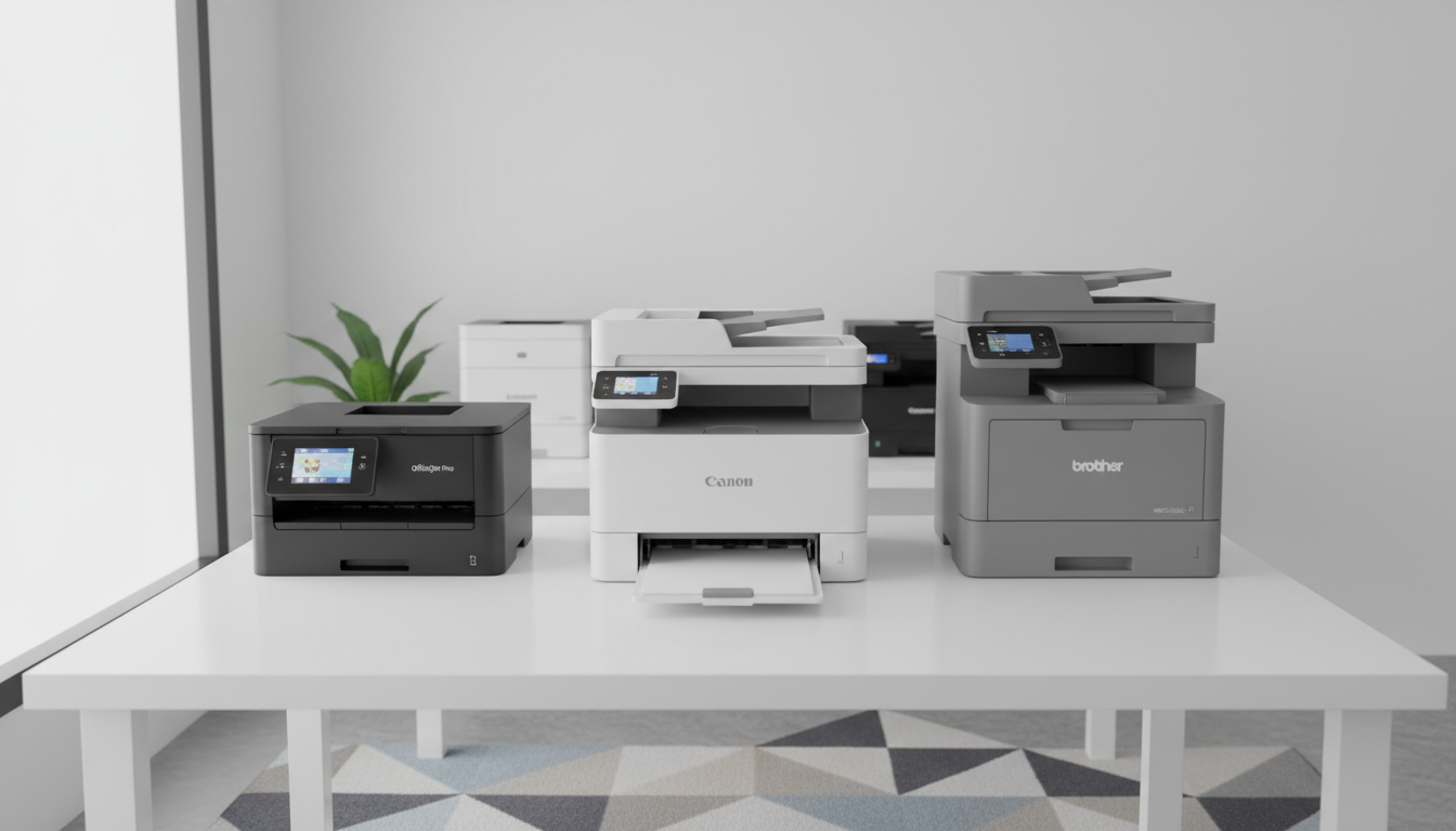 A high-quality, professional photo of various modern office printers (Laser and Inkjet) arranged on a clean white desk in a b