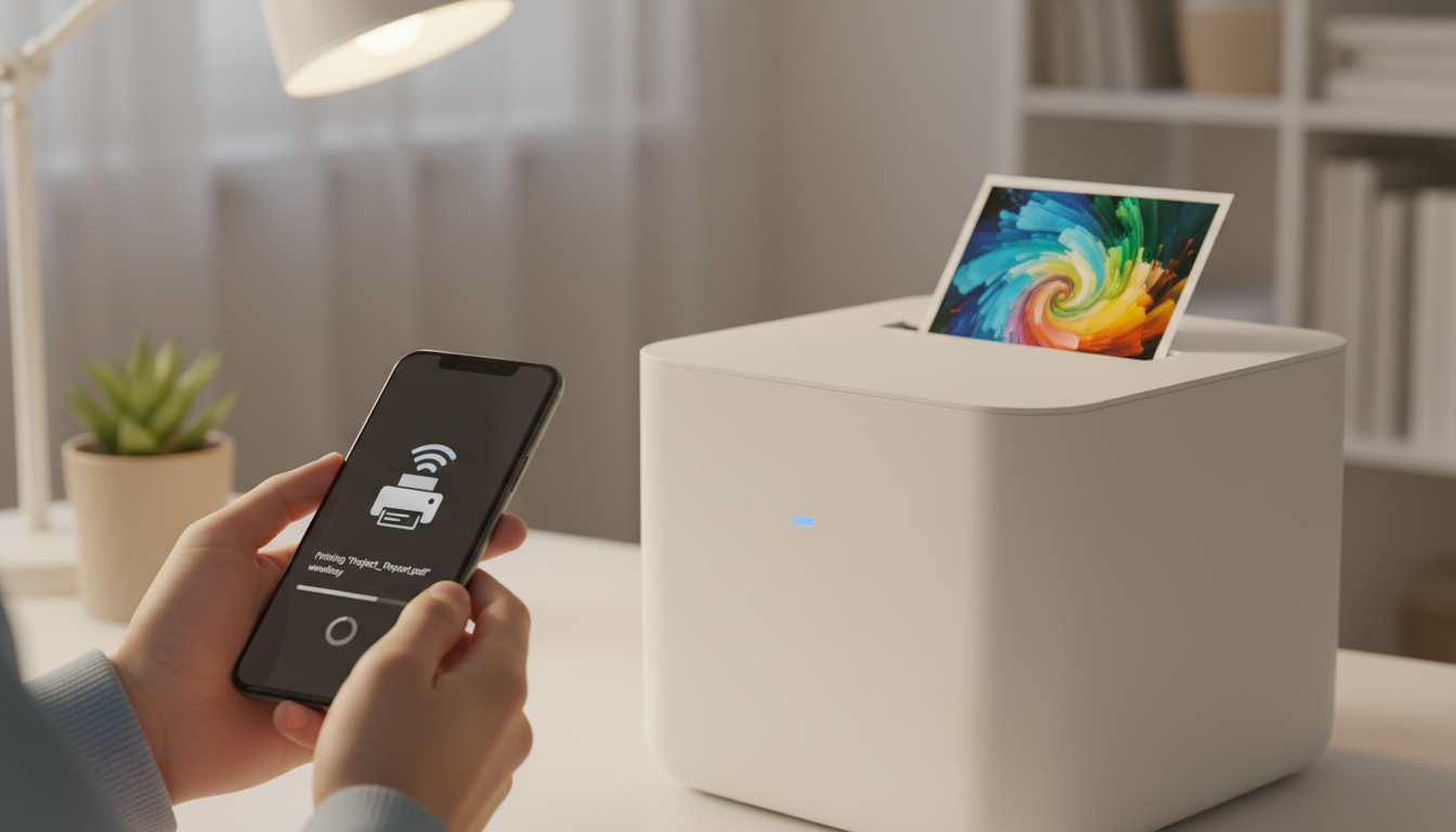 A close-up shot of a person using a smartphone to wirelessly print a document to a sleek, modern printer. The printer is emit