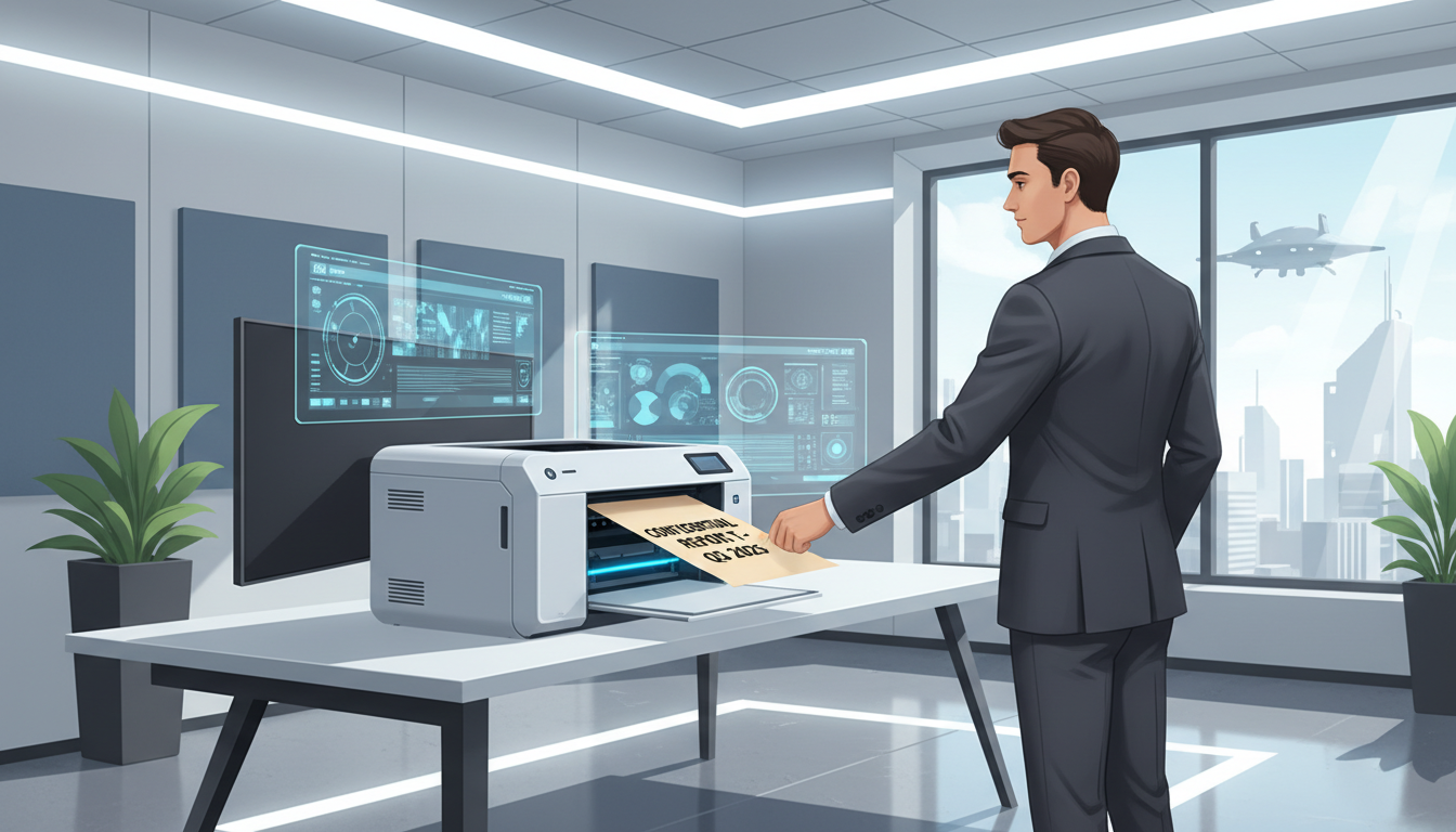 A high-tech office environment in 2025 with a modern laser printer on a clean white desk, professional lighting, 4k resolutio