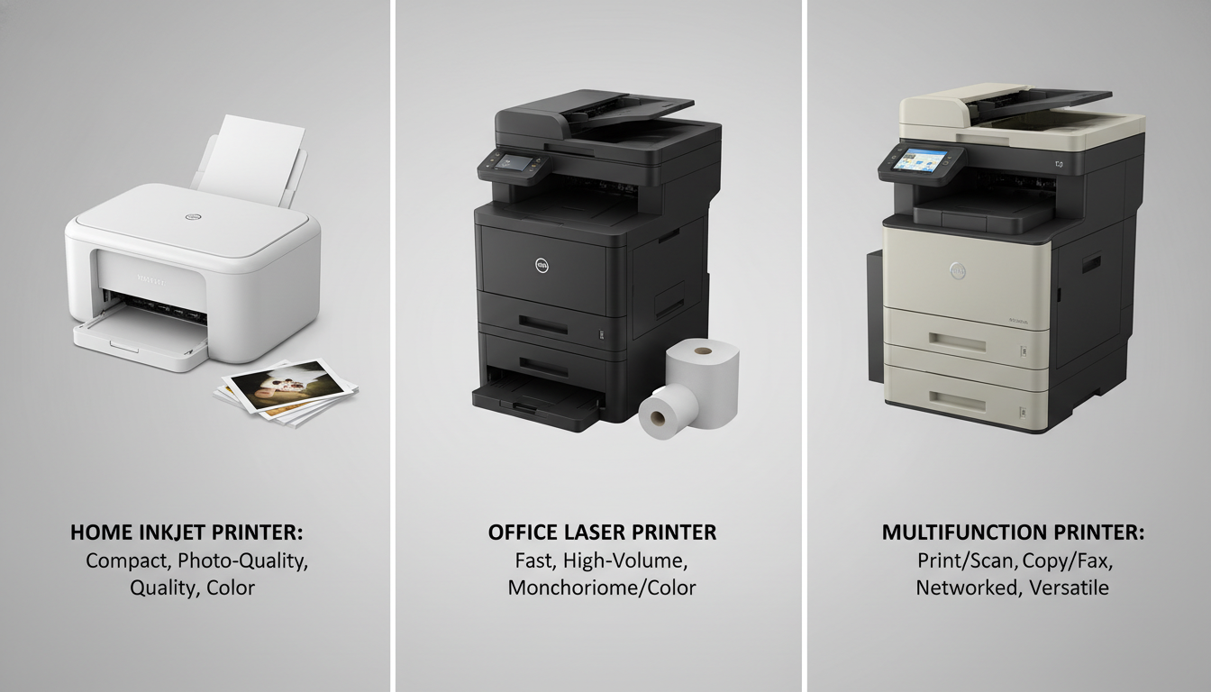 Comparison layout of three different types of printers: a compact home inkjet printer, a robust office laser printer, and a l