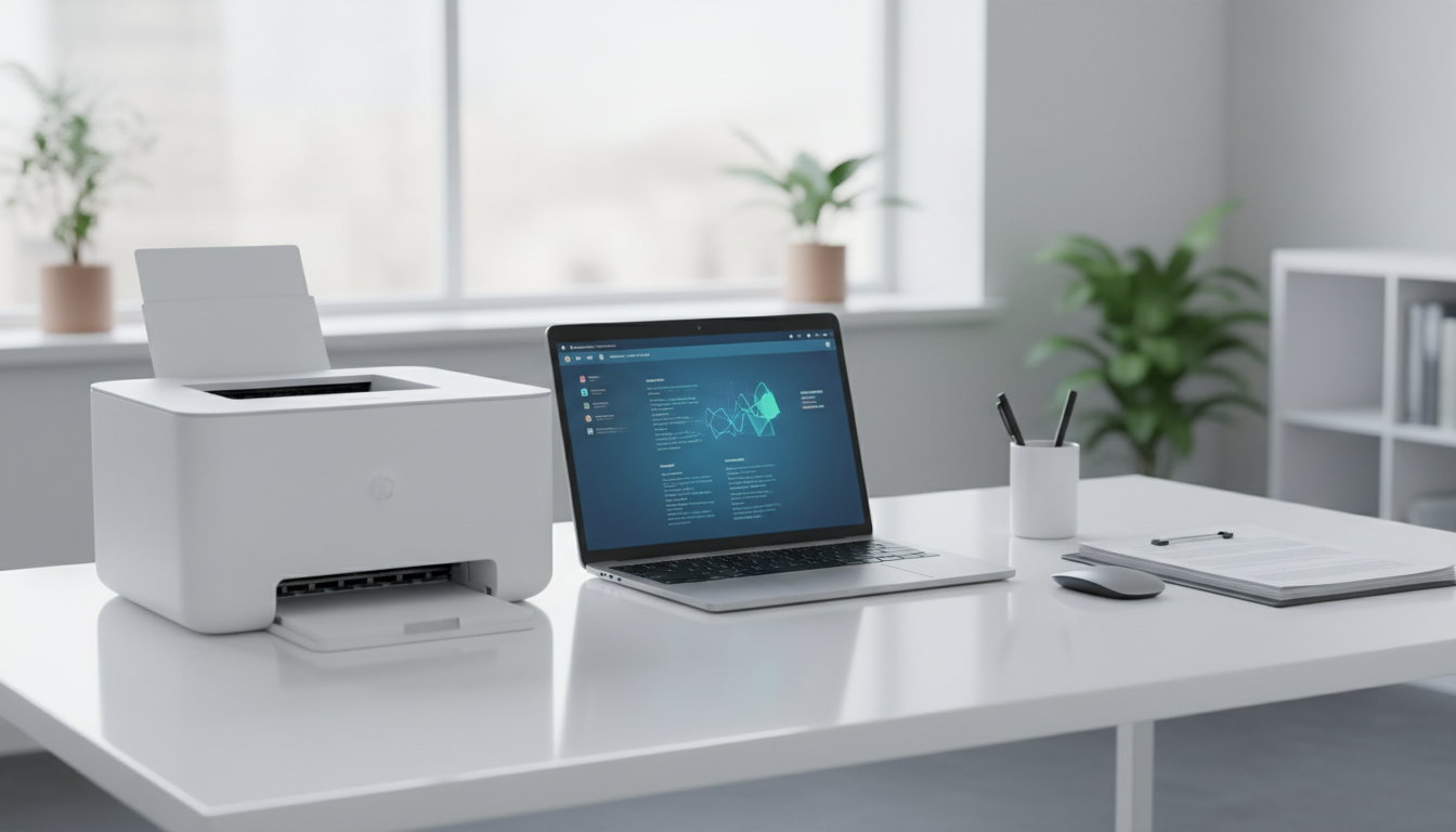 A high-tech modern office desk with a sleek, compact white laser printer, a laptop, and some organized documents. Soft natura
