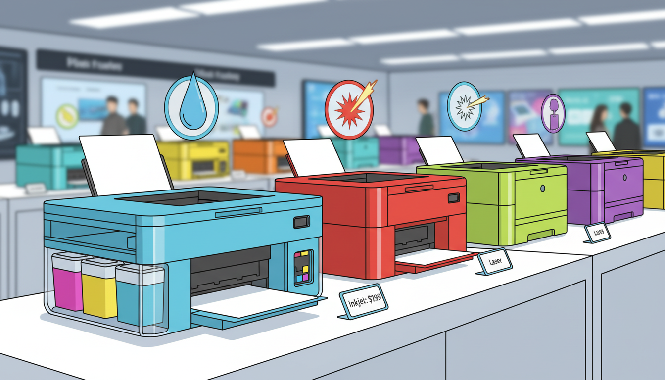 A variety of colorful printers (Ink Tank, Laser) lined up on a display shelf in a modern electronics store. Bright lighting, 