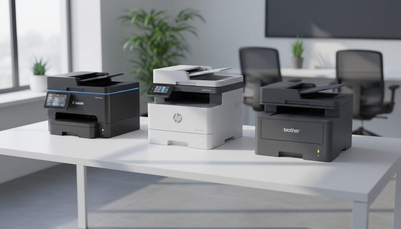 A high-quality, professional photo of various modern 2025 office printers (Canon, HP, Brother) arranged on a clean white desk
