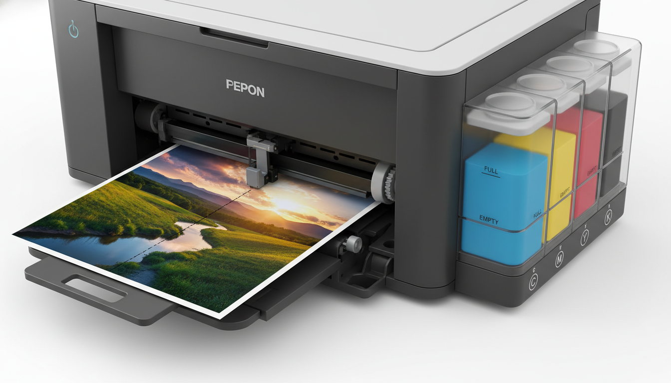 A close-up shot of a modern color inkjet printer printing a vibrant, colorful landscape photo. The ink tanks are visible on t