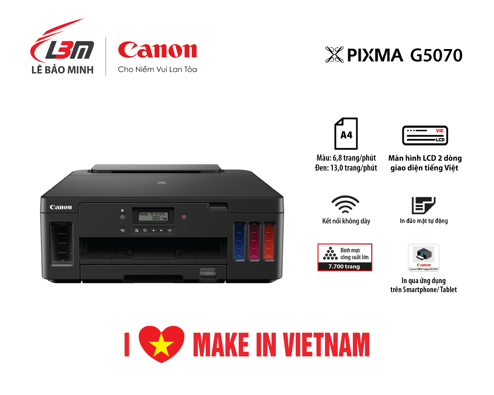 Máy In Phun Đơn Năng Canon Pixma G5070 - Hệ Thống Mực Liên Tục, Kết Nối Không Dây